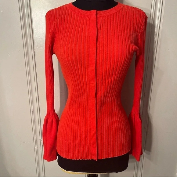 Cabi Hibiscus Trumpet Sleeve Ribbed Cardigan Style 5285 Size Small - Picture 2 of 9